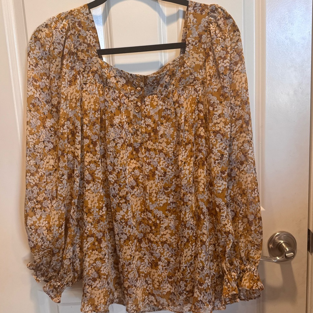 LC Lauren Conrad Mustard and White Floral Blouse